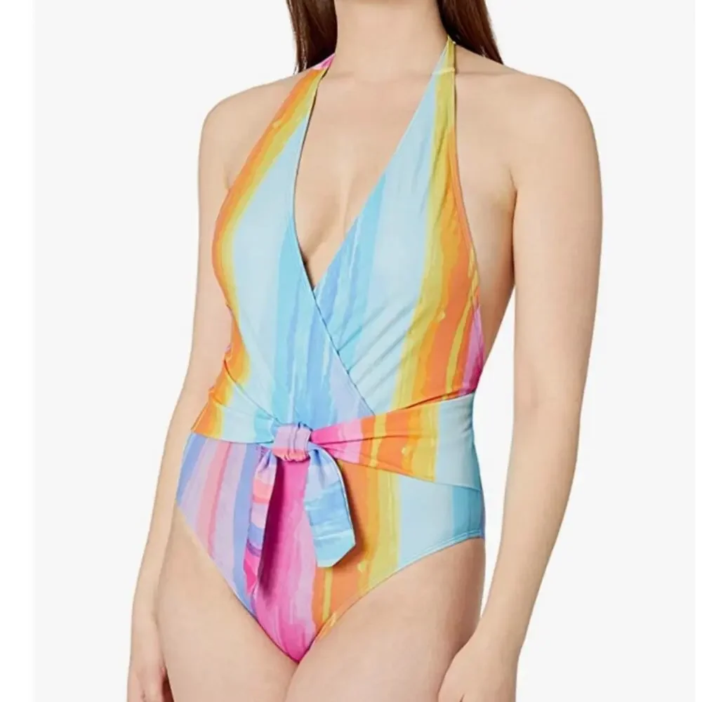 Rachel Roy Wrap Front Belted One Piece Swimsuit